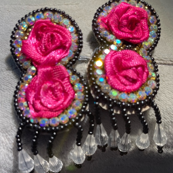 2piece Fuchsia Roses🌹 STATEMENT choker blk pink, fabric, beads, rhinestones NWT - Picture 2 of 6